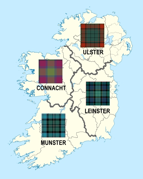 Map of Irish provinces with tartans