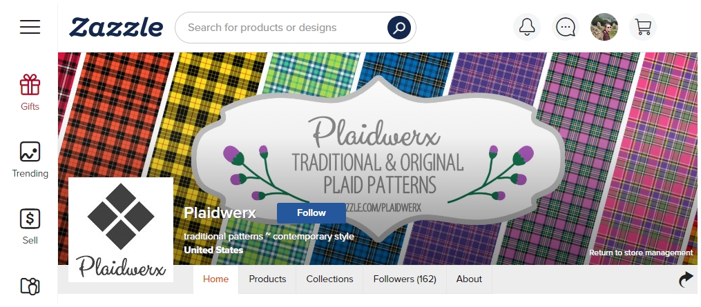 Screenshot of the Plaidwerx shop at Zazzle