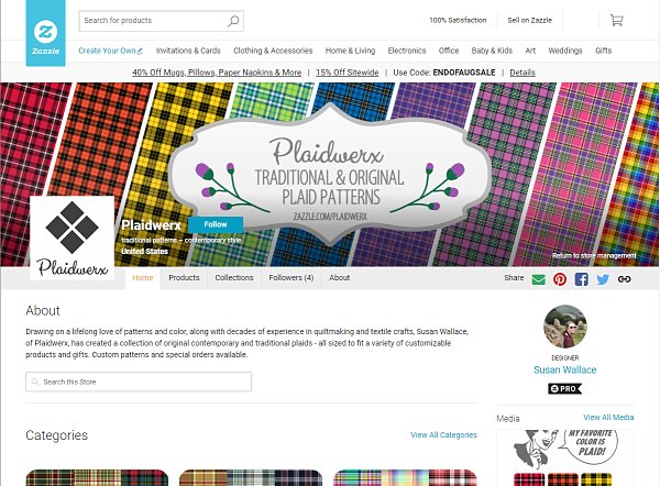 Screenshot of the Plaidwerx shop at Zazzle