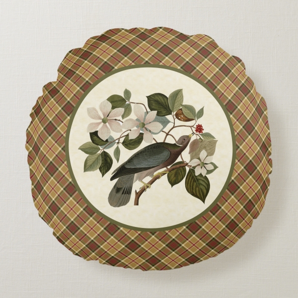 Gold and moss green plaid round pillow with vintage bird