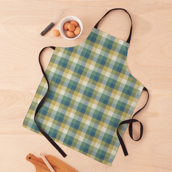Green, blue, and yellow checkered plaid apron