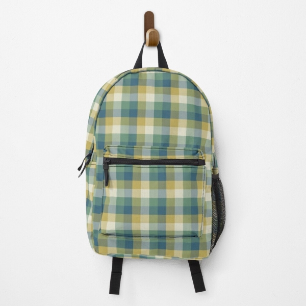 Green, blue, and yellow checkered plaid backpack