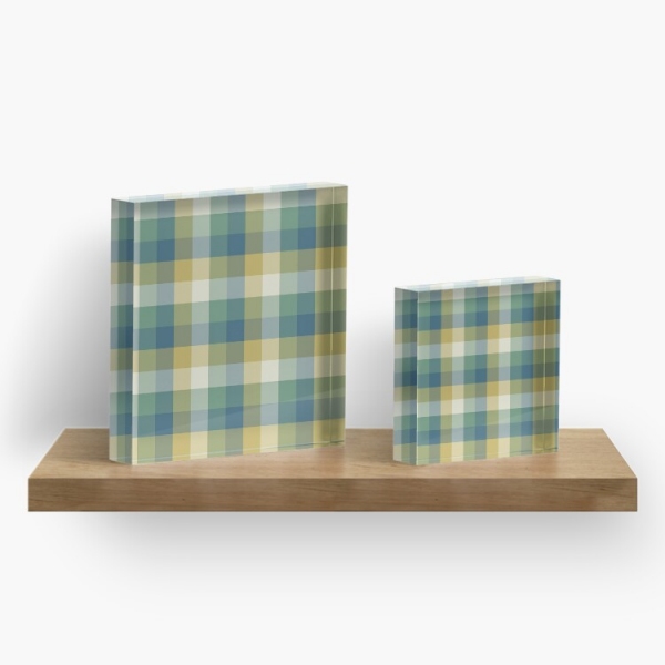 Green, blue, and yellow checkered plaid acrylic block