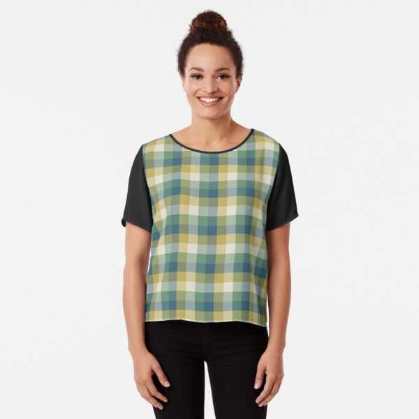 Green, blue, and yellow checkered plaid chiffon top