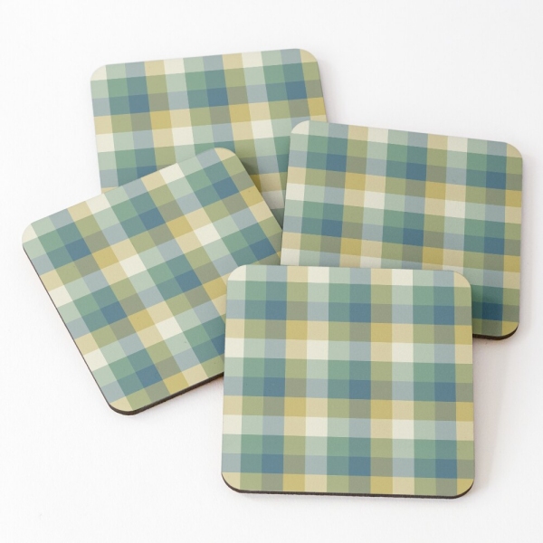 Green, blue, and yellow checkered plaid beverage coasters