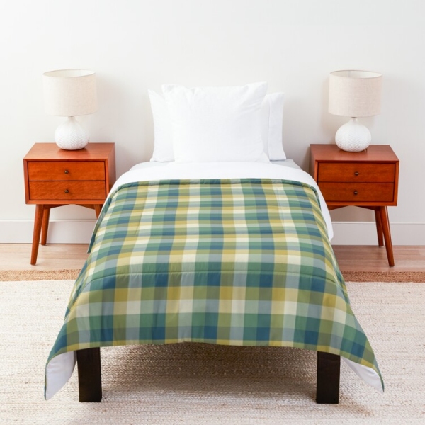 Green, blue, and yellow checkered plaid comforter