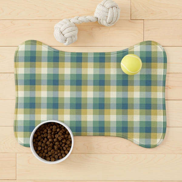 Green, blue, and yellow checkered plaid pet mat