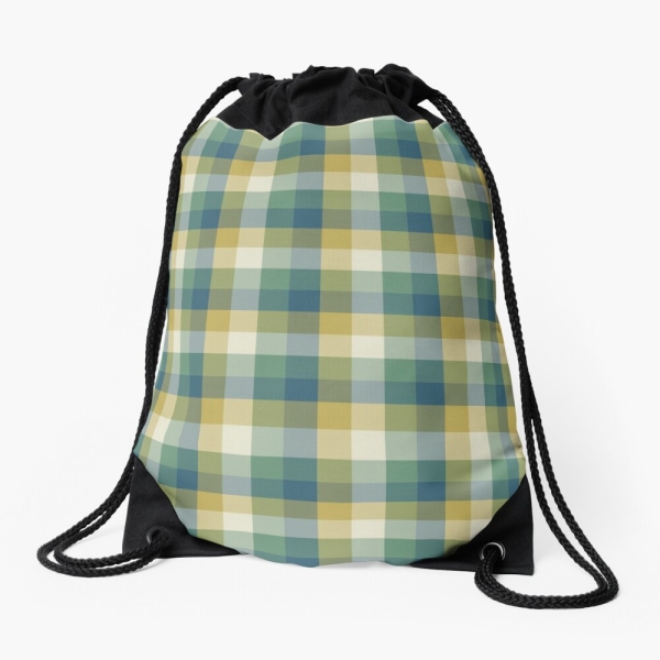 Green, blue, and yellow checkered plaid drawstring bag