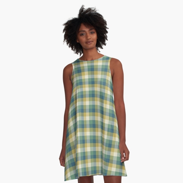 Green, blue, and yellow checkered plaid a-line dress