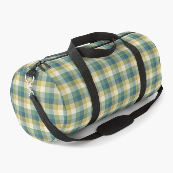 Green, blue, and yellow checkered plaid duffle bag