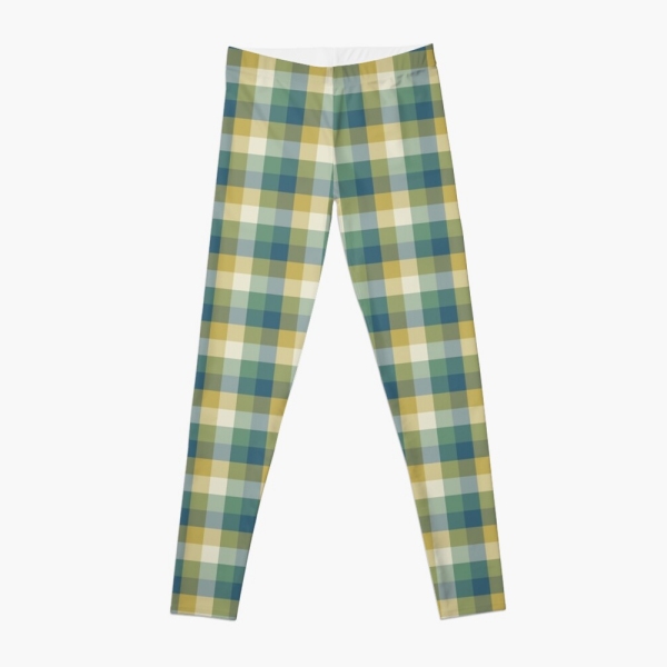 Green, blue, and yellow checkered plaid leggings