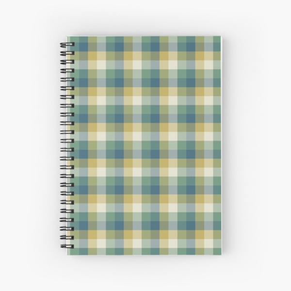 Green, blue, and yellow checkered plaid spiral notebook