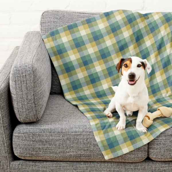 Green, blue, and yellow checkered plaid pet blanket