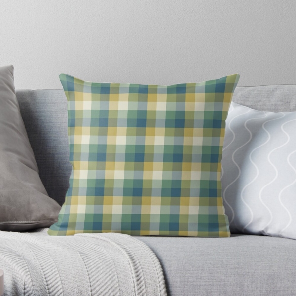 Green, blue, and yellow checkered plaid throw pillow