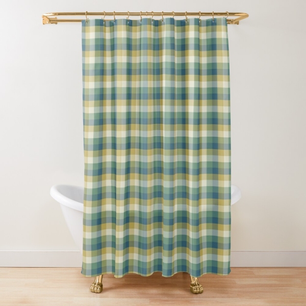 Green, blue, and yellow checkered plaid shower curtain