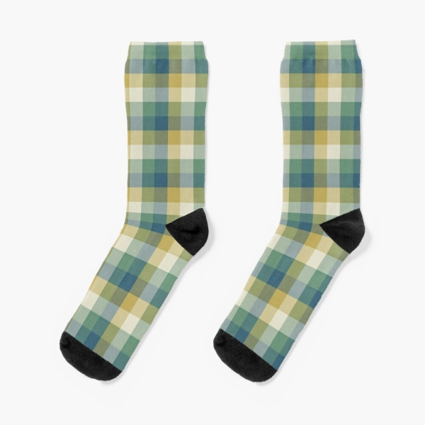 Green, blue, and yellow checkered plaid socks