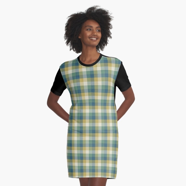 Green, blue, and yellow checkered plaid tee shirt dress