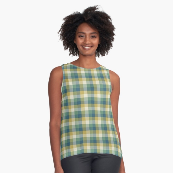 Green, blue, and yellow checkered plaid sleeveless top