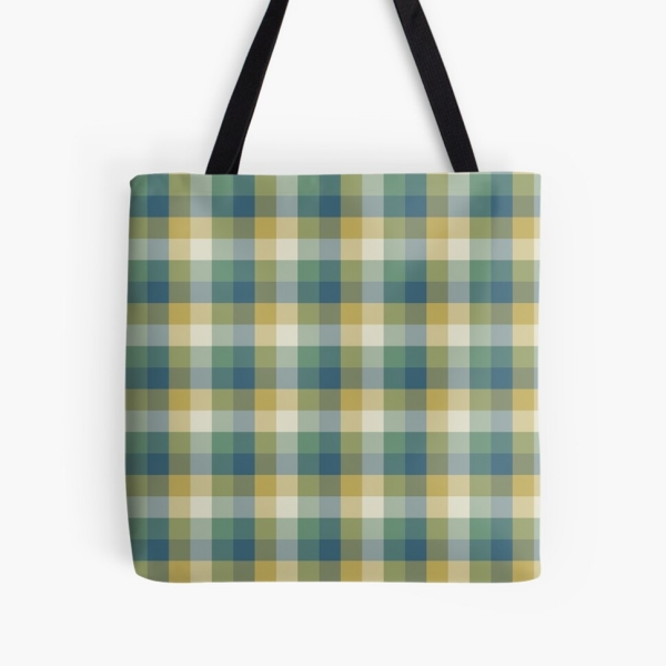 Green, blue, and yellow checkered plaid tote bag