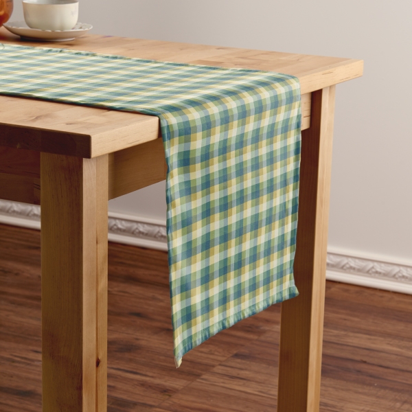 Green, blue, and yellow checkered plaid table runner