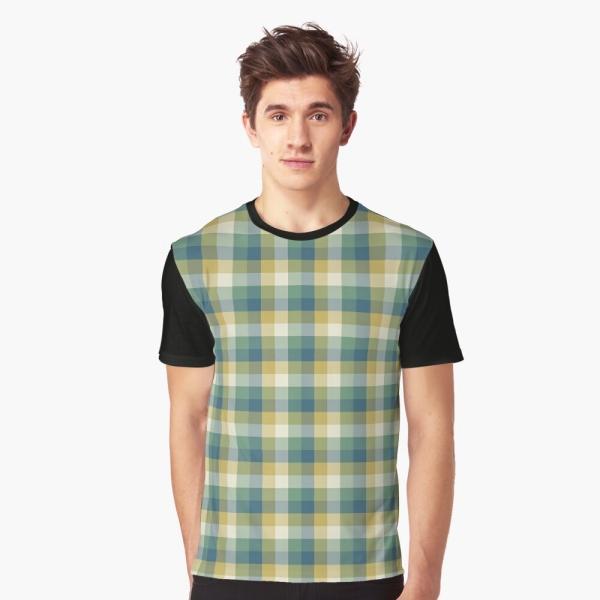 Green, blue, and yellow checkered plaid tee shirt