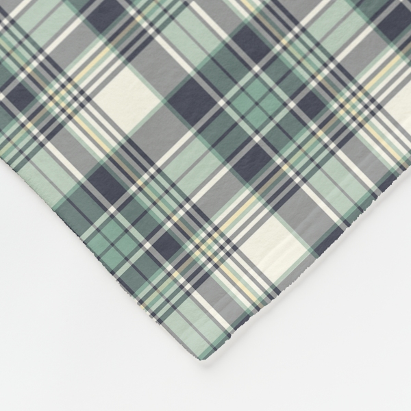 Seafoam green and navy blue plaid fleece blanket