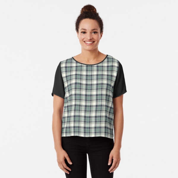 Seafoam green and navy blue plaid chiffon top