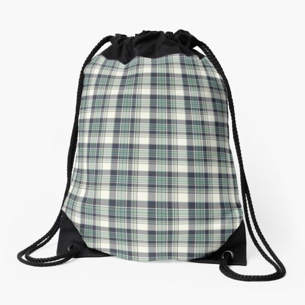 Seafoam green and navy blue plaid drawstring bag