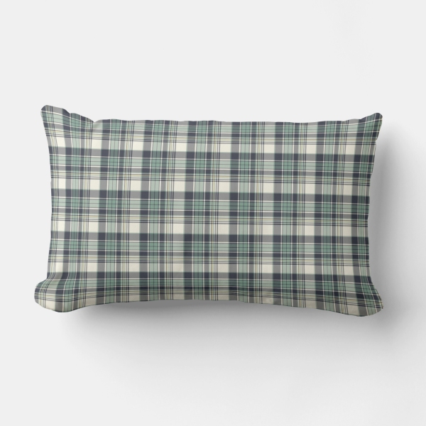Seafoam green and navy blue plaid lumbar pillow