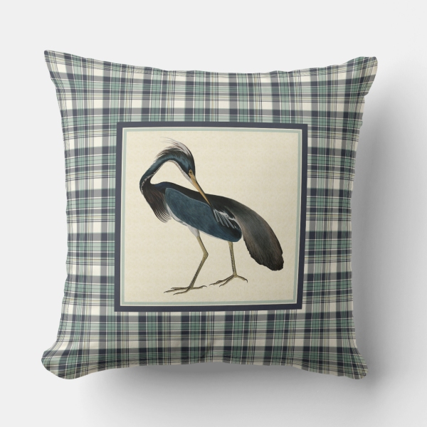 Seafoam green and navy blue plaid round pillow with vintage bird
