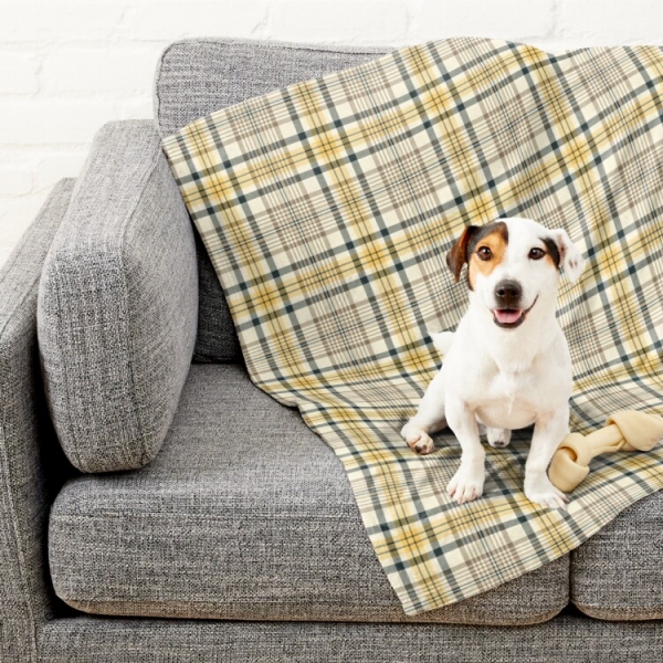 Yellow and navy blue plaid pet blanket