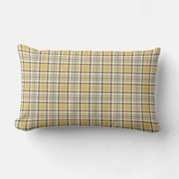 Yellow and navy blue plaid lumbar pillow