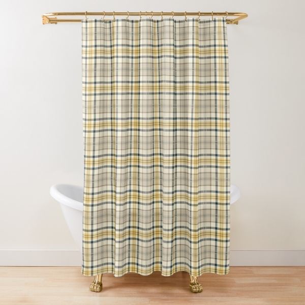Yellow and navy blue plaid shower curtain