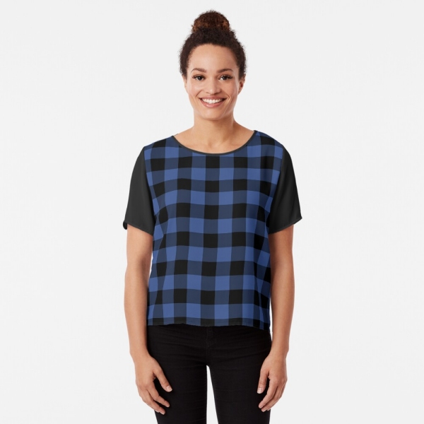 Lapis blue buffalo checkered plaid chiffon top