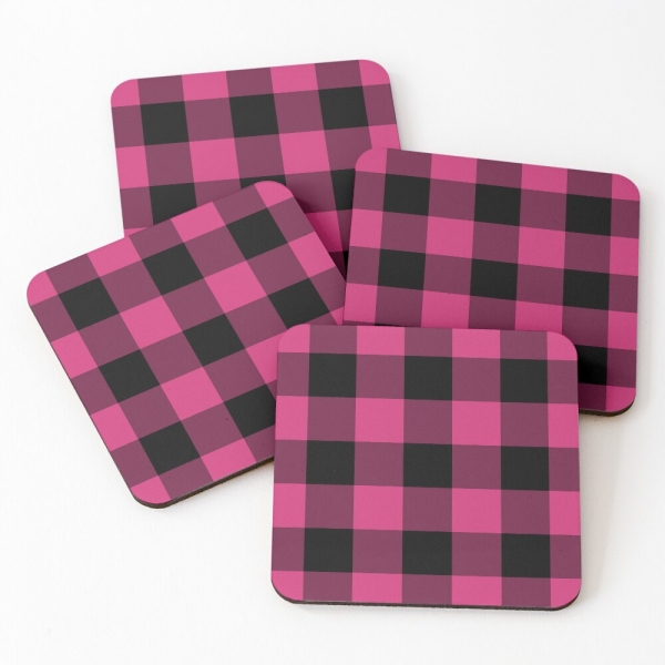 Bright pink buffalo plaid beverage coasters