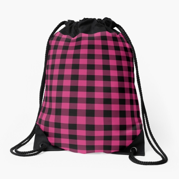 Bright pink buffalo plaid drawstring bag