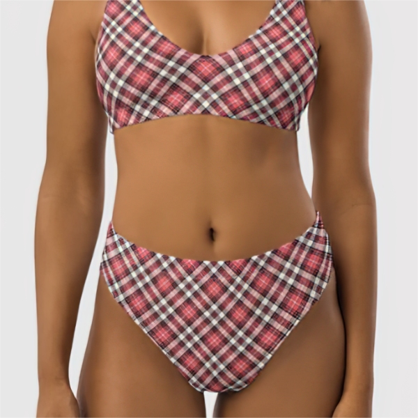 Coral pink, black, and white plaid bikini