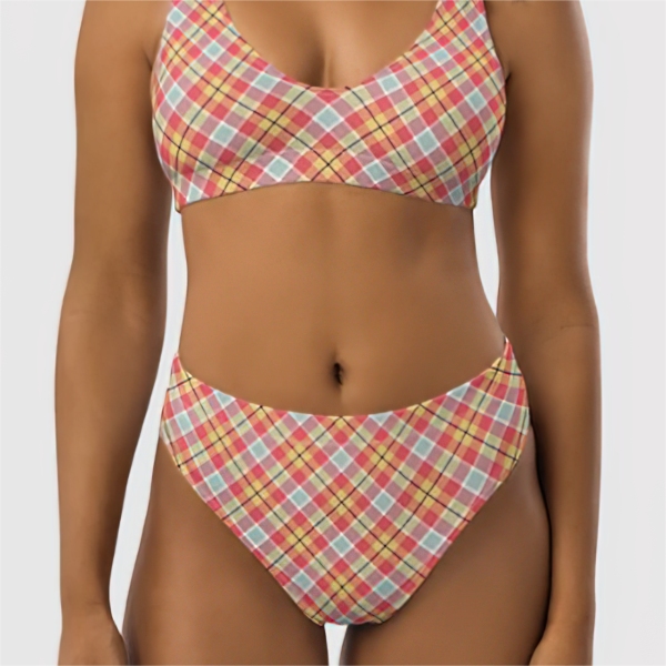 Coral pink, yellow, and mint green plaid bikini