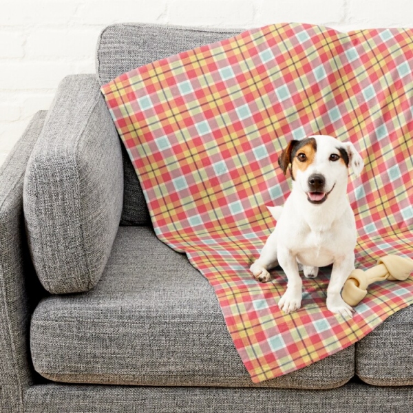 Coral Pink and Yellow Plaid Pet Blanket