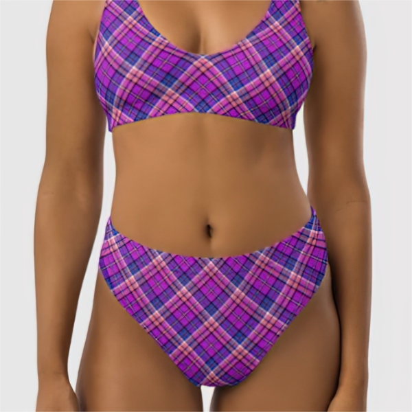 Bright purple, pink, and blue plaid bikini