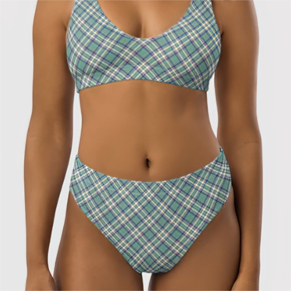 Light green, purple, and yellow plaid bikini