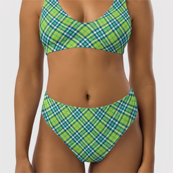 Lime green and turquoise plaid bikini