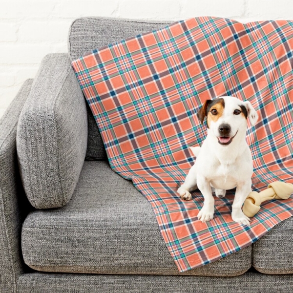 Orange Coral and Blue Plaid Pet Blanket