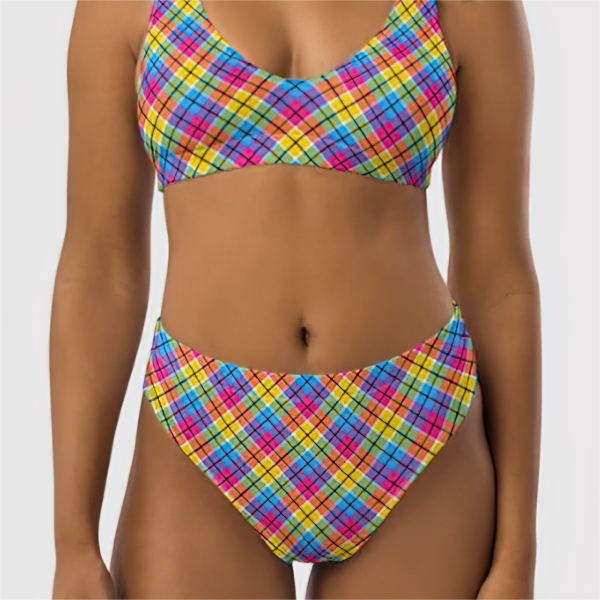 Hot pink, turquoise, and yellow plaid bikini