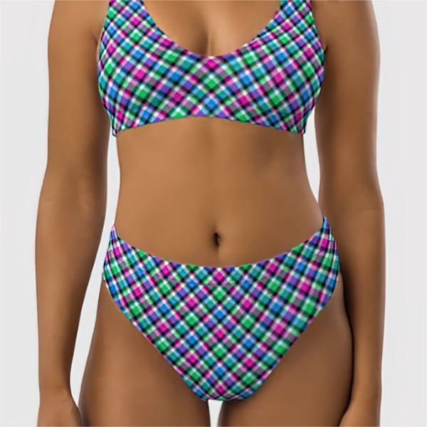 Magenta, green, and blue plaid bikini