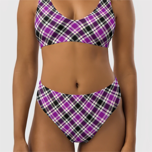 Purple, black, and white plaid bikini