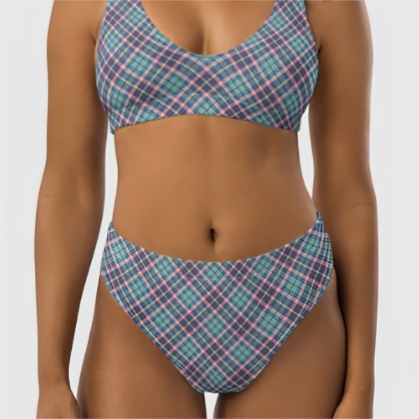 Light green, lavender, and pink plaid bikini