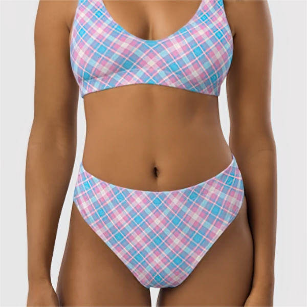 Baby blue, pink, and white plaid bikini