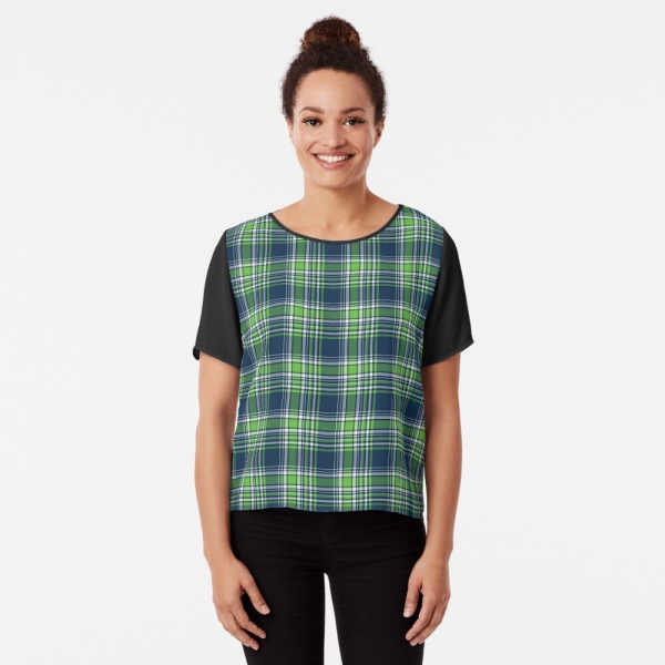 Blue and green sporty plaid chiffon top