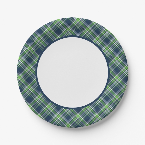 Blue and green sporty plaid paper plate
